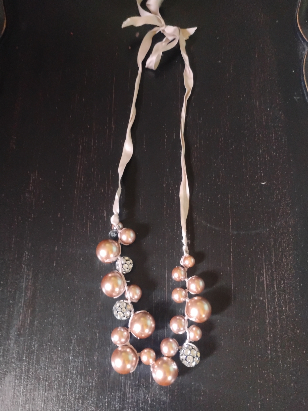 Pearl Cluster Ribbon Necklace - Pink Faux Pearls with Crystal Accents